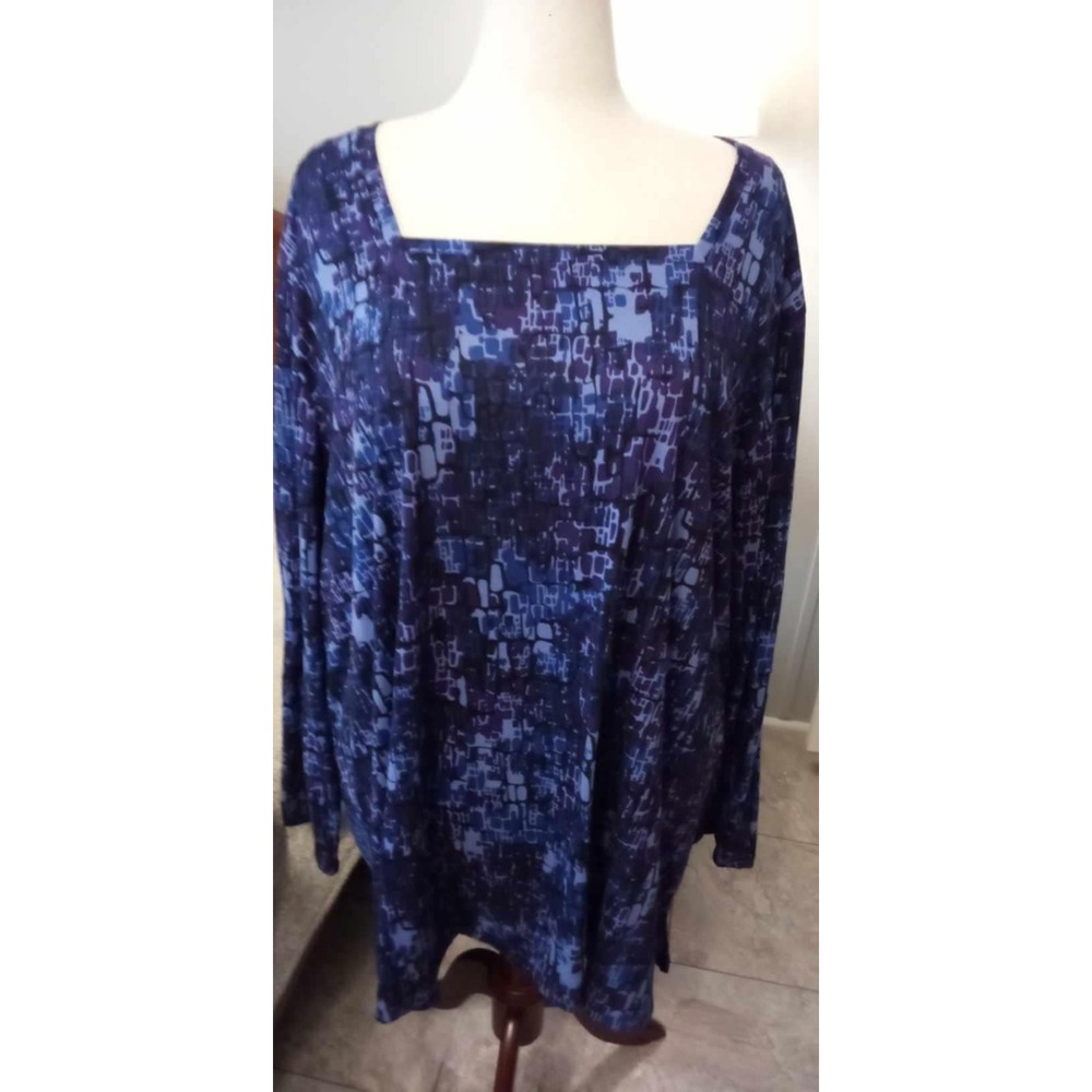 Liz & Me 4X Blue Purple Abstract Print Square Neck Long Sleeve Tunic Top